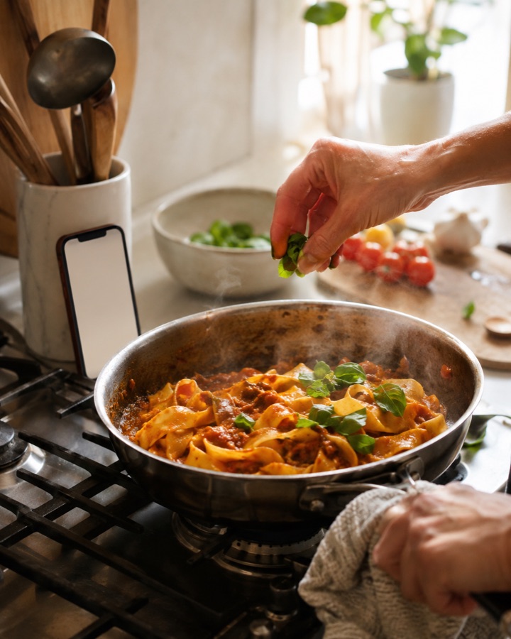 A phone propped by the stove with a recipe open, hands at the pan